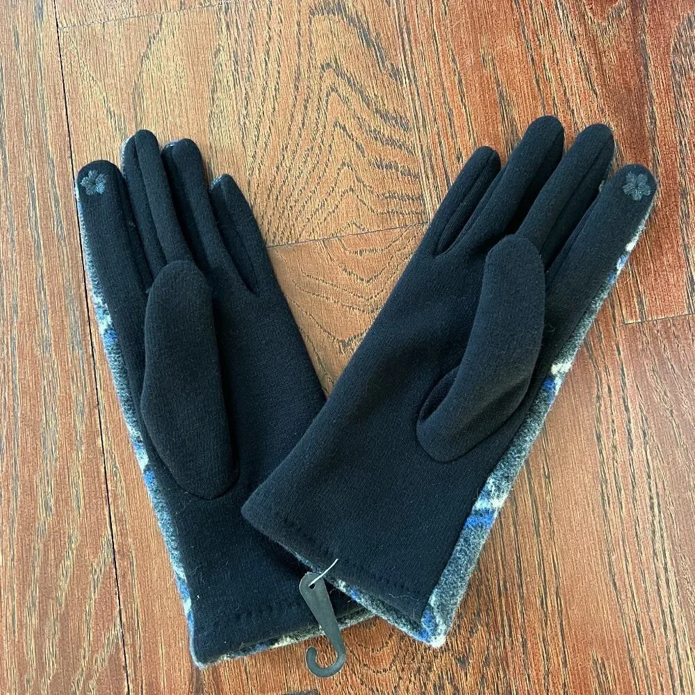 Winter Gloves Faux Cashmere Gray Blue Plaid Button Cuff Touch Screen Smart